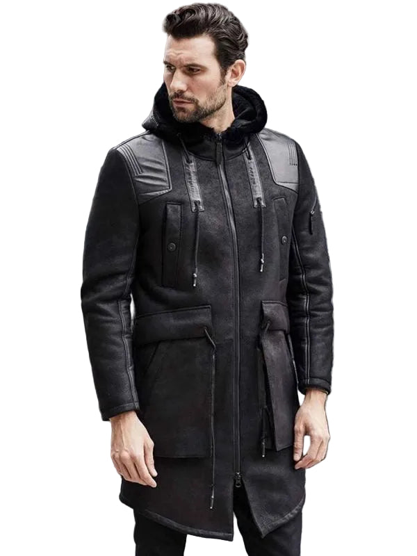 Men’s black shearling leather long trench coat
