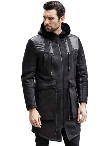 Men’s black shearling leather long trench coat
