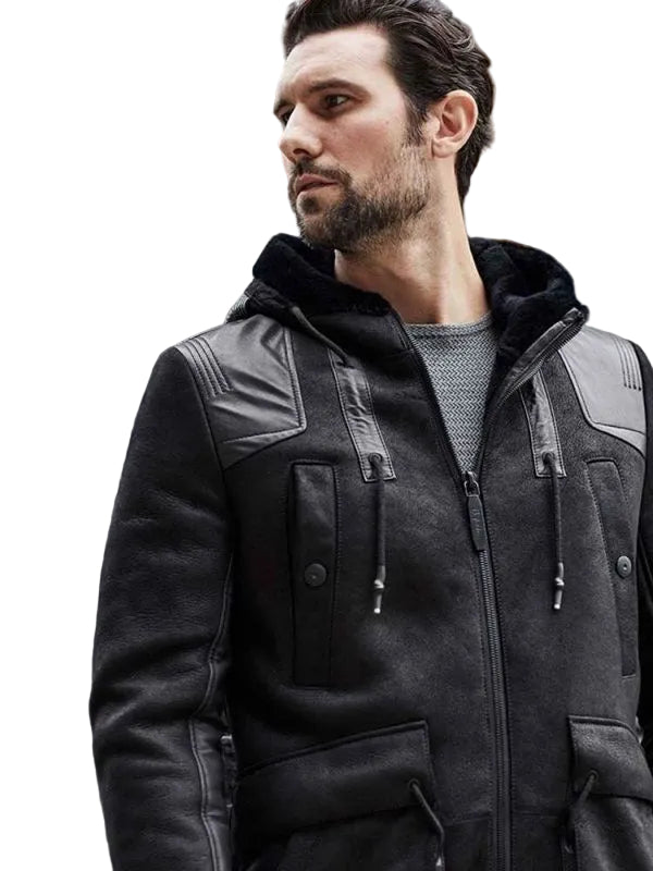 Men’s black shearling leather long trench coat
