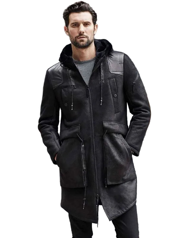 Men’s black shearling leather long trench coat
