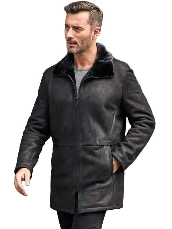Men’s black shearling leather overcoat
