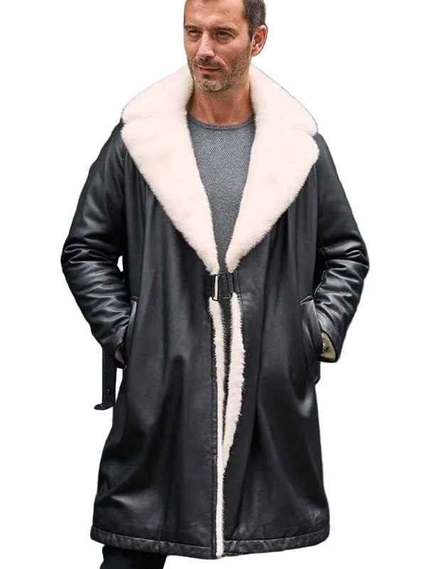 Men’s black shearling leather long trench coat
