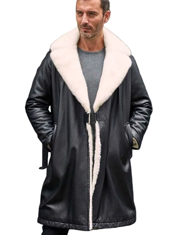 Men’s black shearling leather long trench coat
