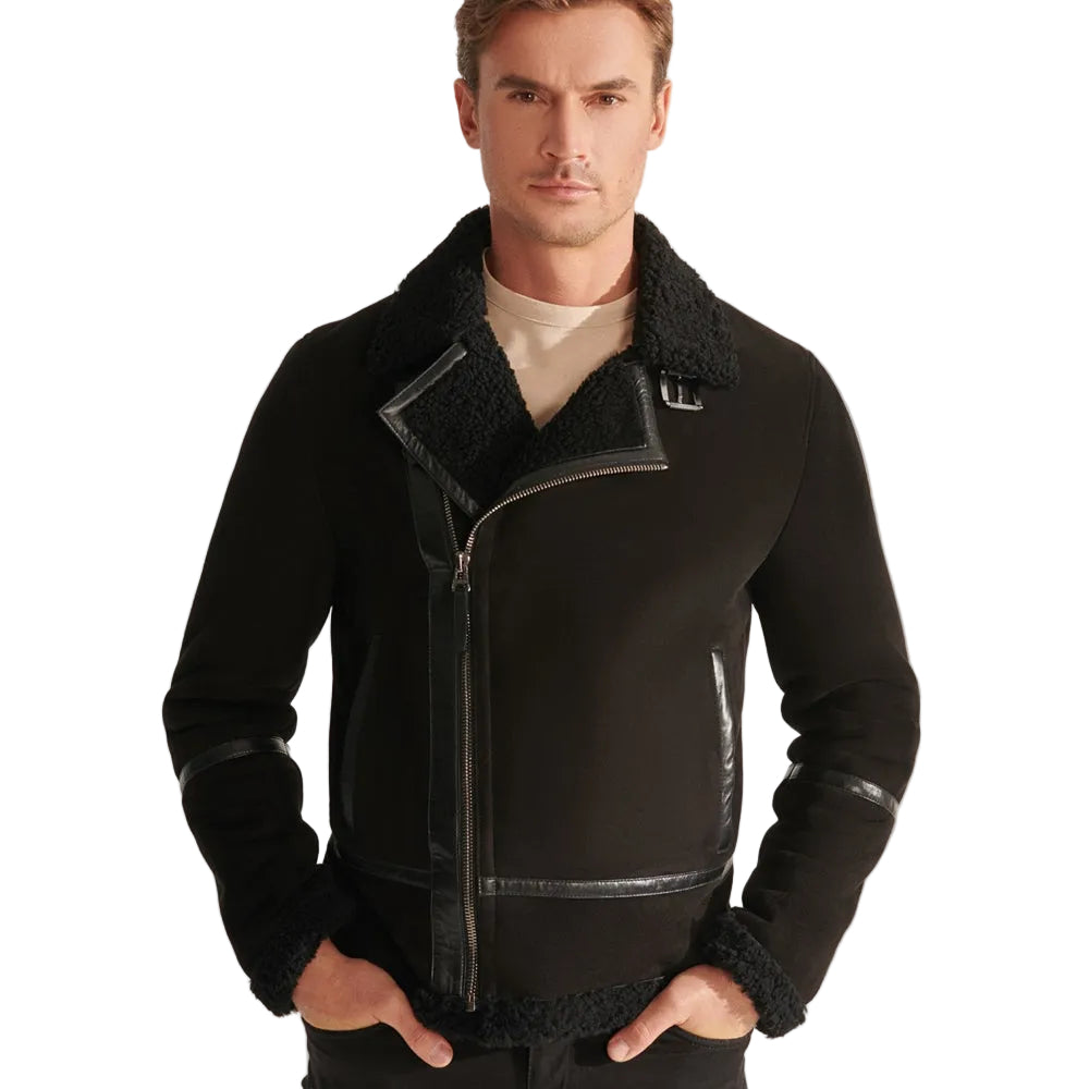 Men’s black sheepskin aviator jacket

