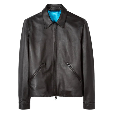 Men’s black sheepskin leather jacket with down collar
