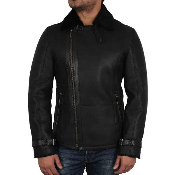 Men’s black sheepskin shearling aviator flying coat