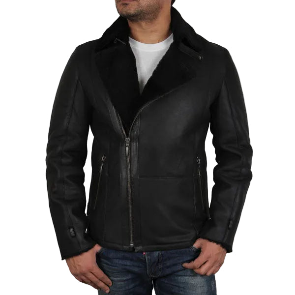 Men’s black sheepskin shearling aviator flying coat