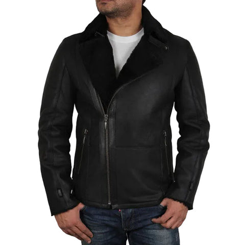 Men’s black sheepskin shearling aviator flying coat