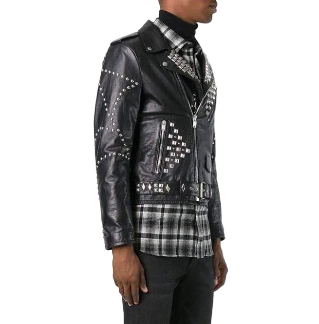 men's black studded leather biker jacket cedric front view