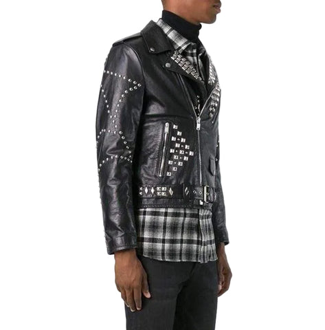men's black studded leather biker jacket cedric front view