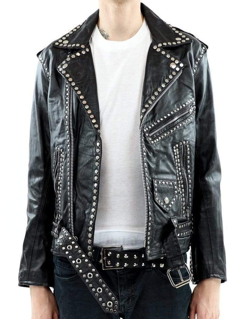 Men’s black silver studded punk leather biker jacket
