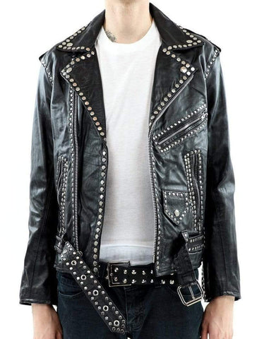 Men’s black silver studded punk leather biker jacket

