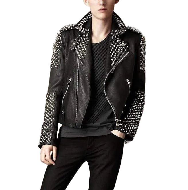 Men’s black studded punk biker leather jacket
