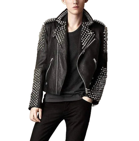 Men’s black studded punk biker leather jacket
