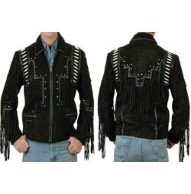 men's black fringe suede leather jacket elias back view