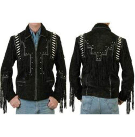 men's black fringe suede leather jacket elias back view