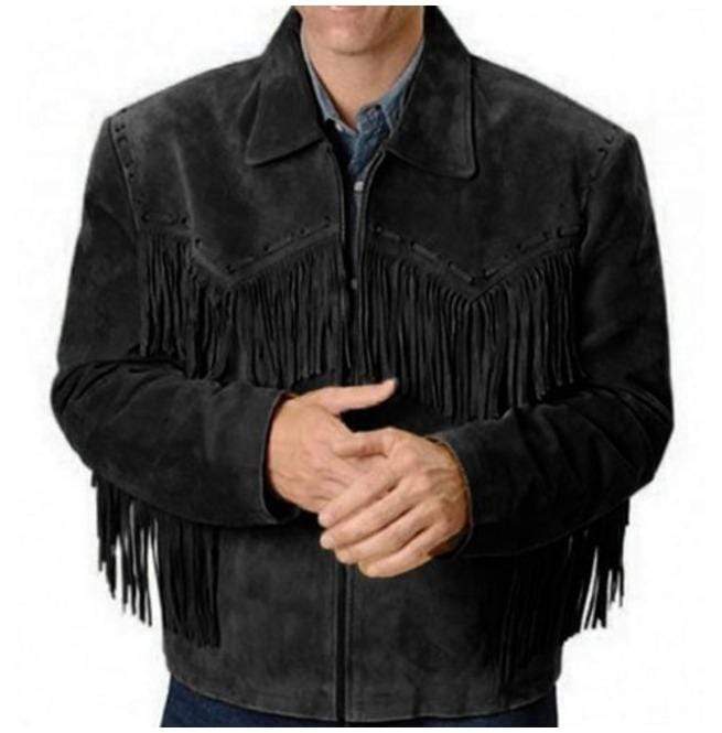 Men’s black suede western fringe jacket with beads
