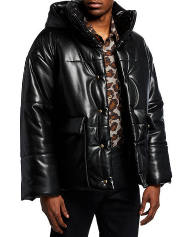 men's black puffer leather bomber jacket lucien front view