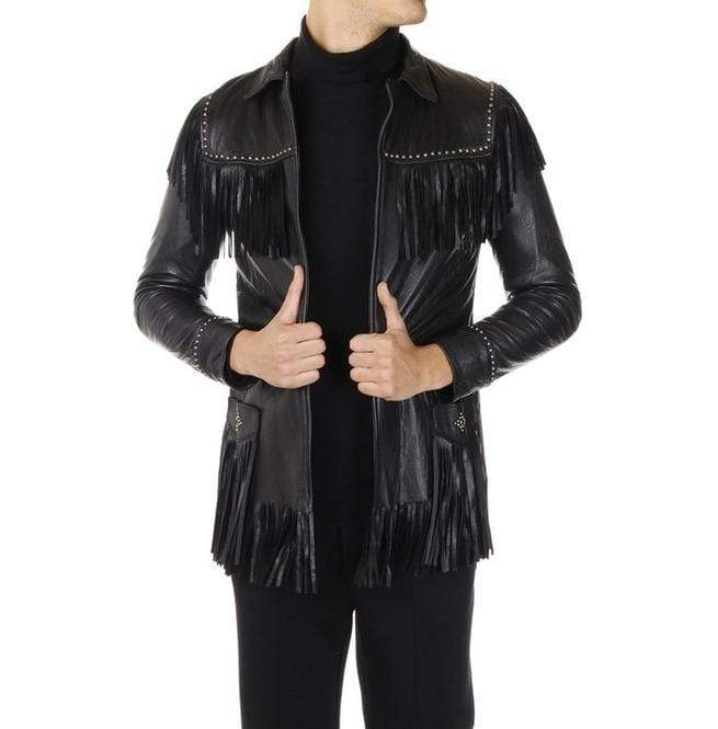 Men’s black western fringe leather jacket with beads