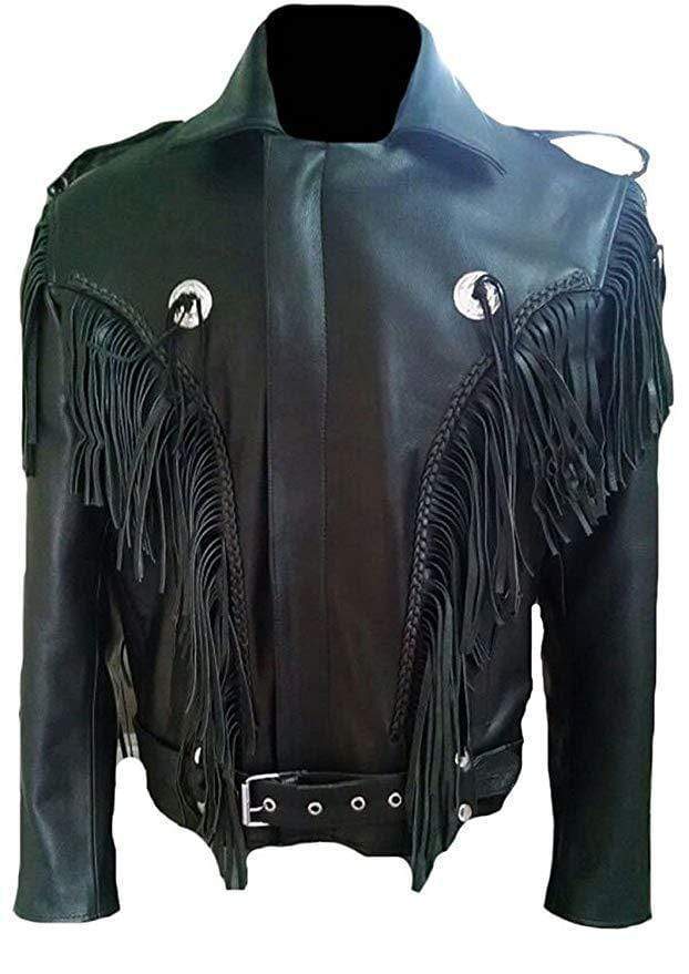 Men’s black western tassel leather bomber jacket
