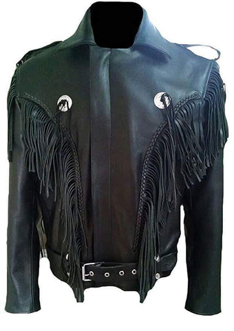 Men’s black western tassel leather bomber jacket
