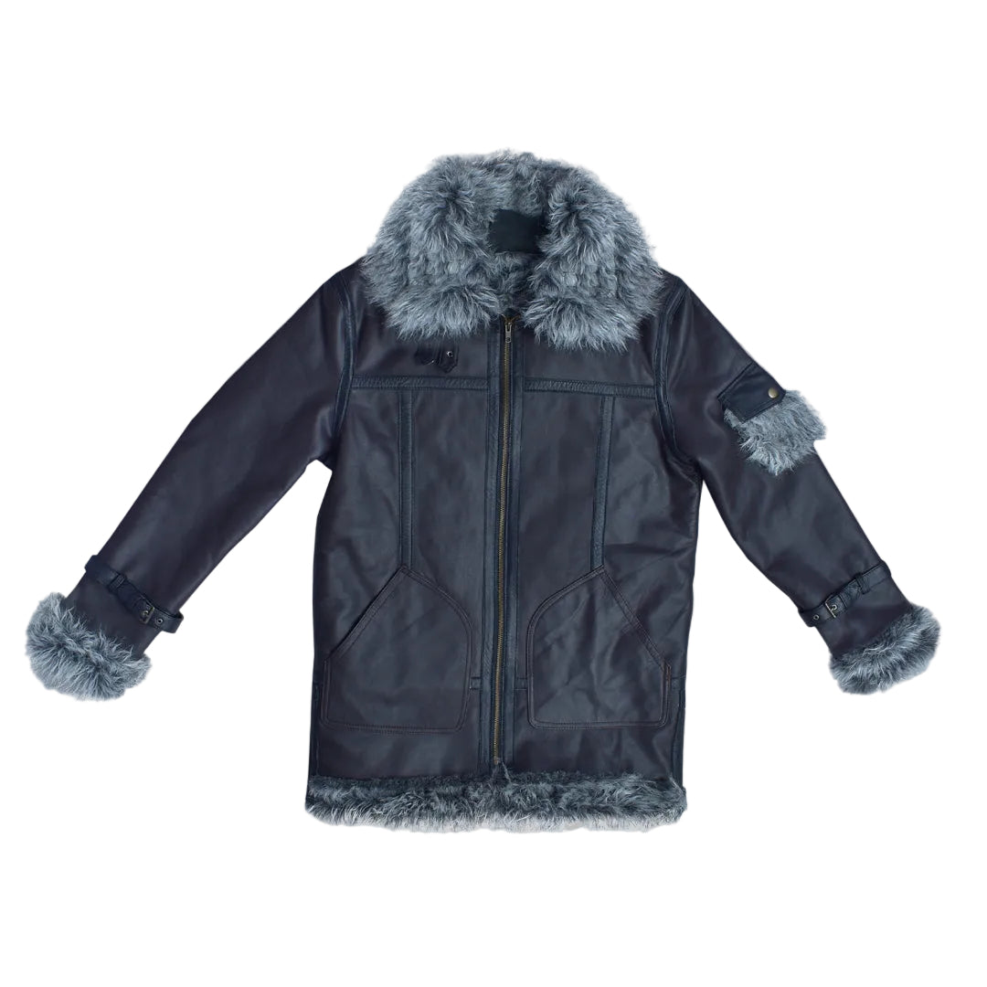 Men’s black winter leather jacket with shearling lining