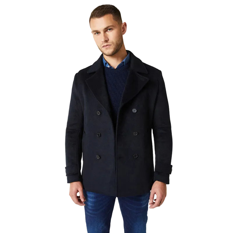 Men’s black wool peacoat with six-button closure
