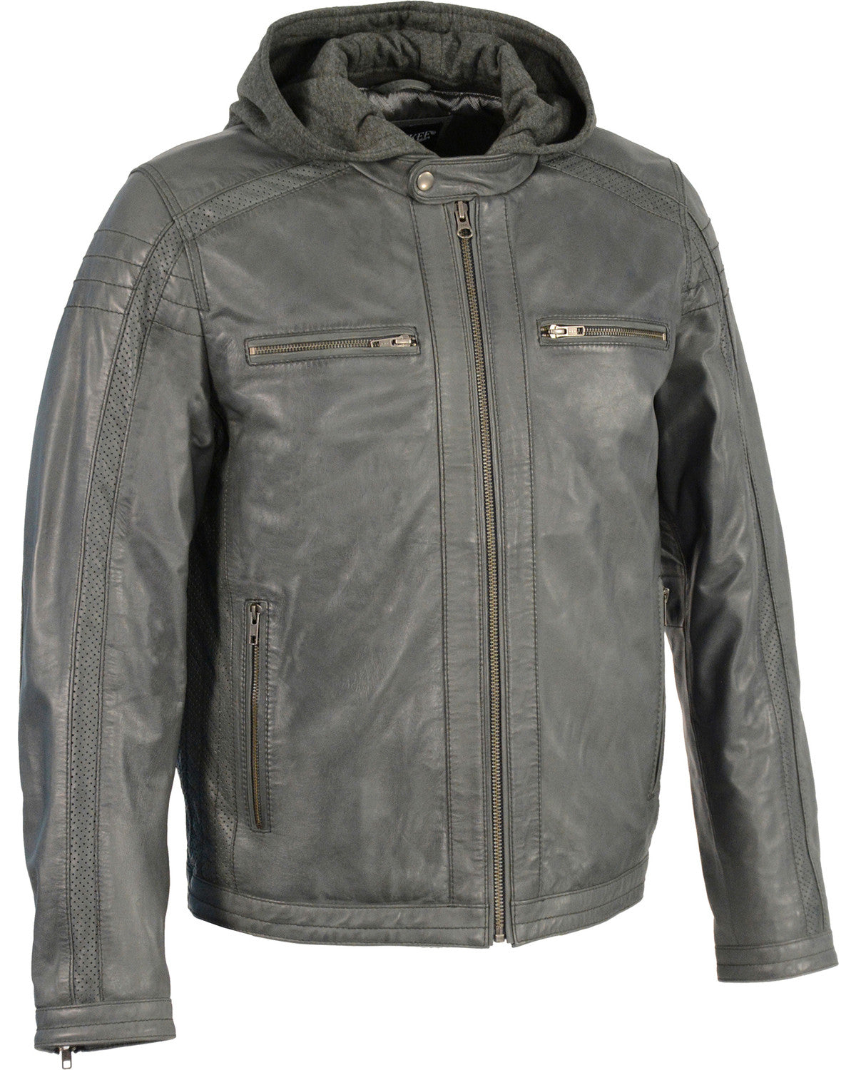 Men’s black zipper front leather jacket with removable hood
