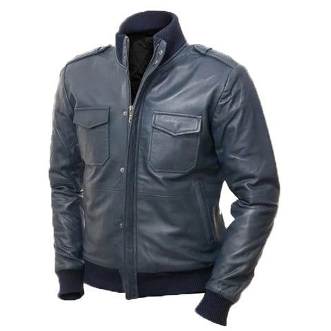 men’s blue cowhide leather bomber jacket front view