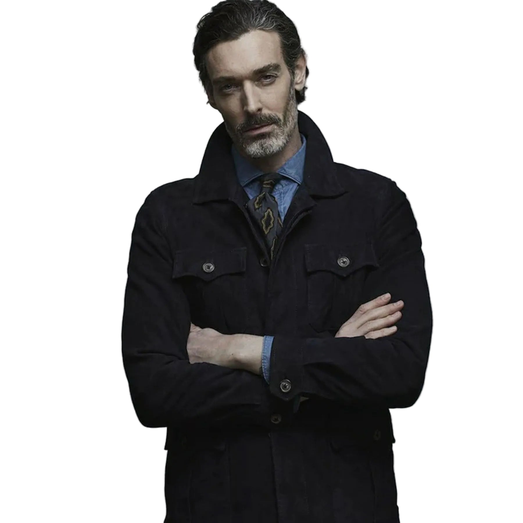 men's blue leather shirt nolan front view