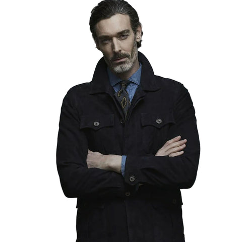 men's blue leather shirt nolan front view