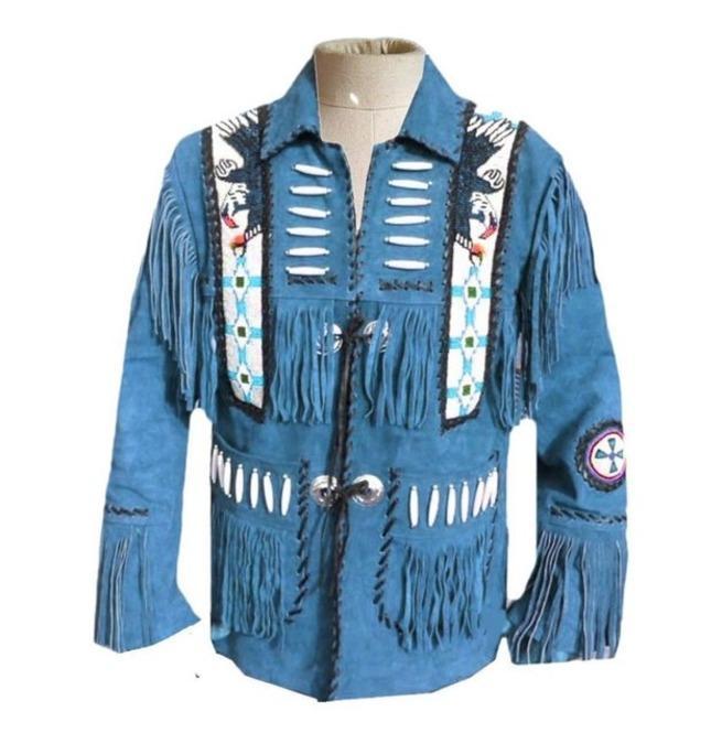 Men’s blue suede western fringe cowboy jacket
