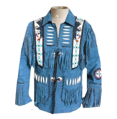 Men’s blue suede western fringe cowboy jacket

