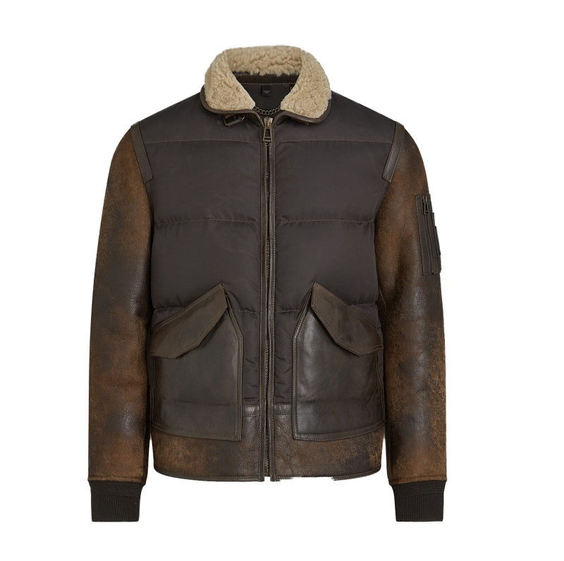 Men’s brown B3 puffer leather jacket with shearling collar
