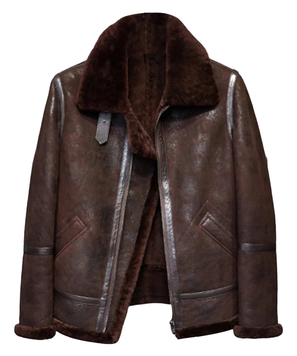 Men’s brown distressed B3 shearling leather jacket
