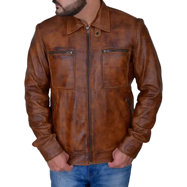 Men’s brown distressed leather jacket
