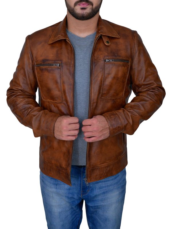 men's brown distressed leather shirt dorian side angle