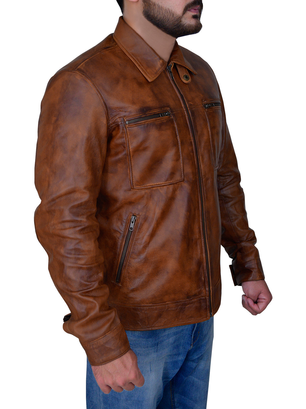 men's brown distressed leather shirt dorian front view