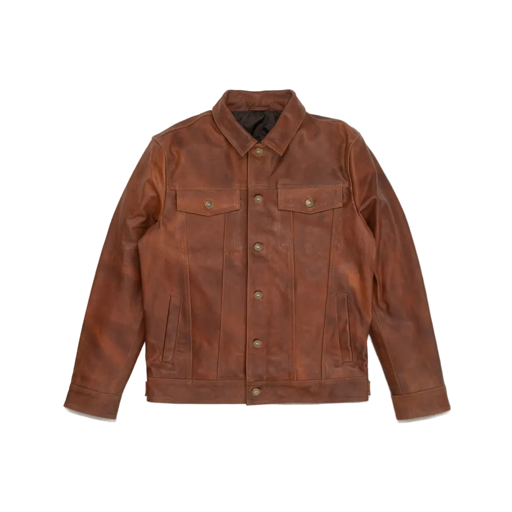 men's brown goatskin leather trucker jacket dorian front view