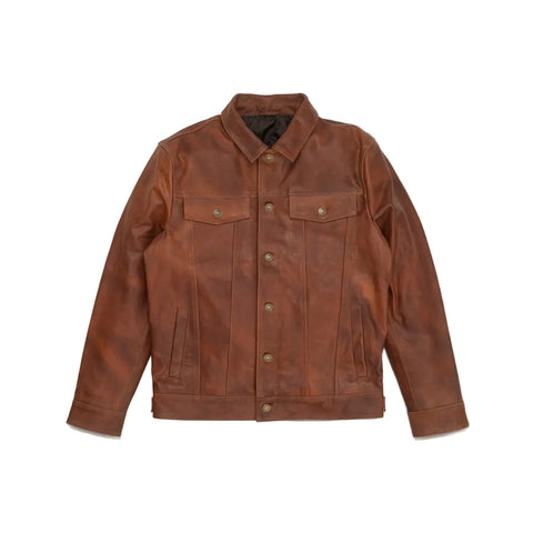 men's brown goatskin leather trucker jacket dorian front view
