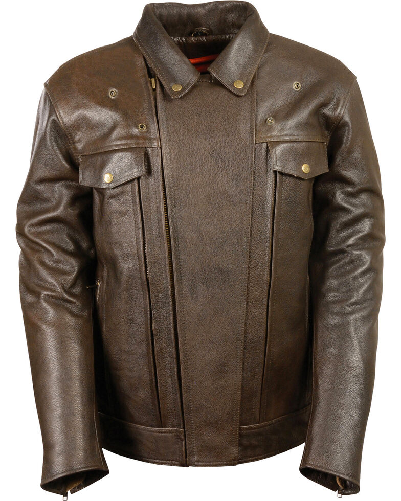Men’s brown leather biker riding jacket with utility pockets
