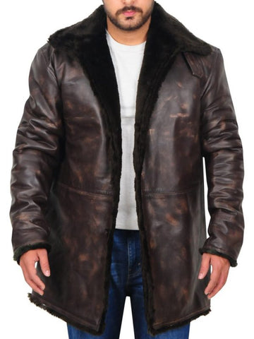 Men’s brown leather fur collar jacket
