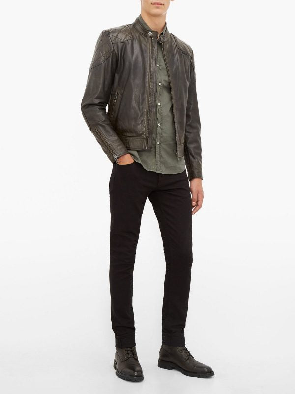 Men’s brown leather jacket with snap tab collar
