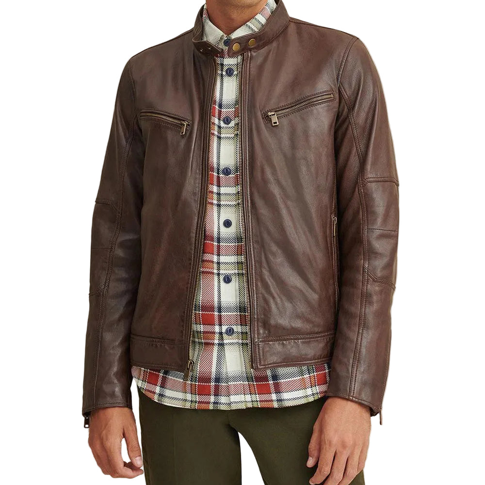 Men’s brown leather moto biker jacket

