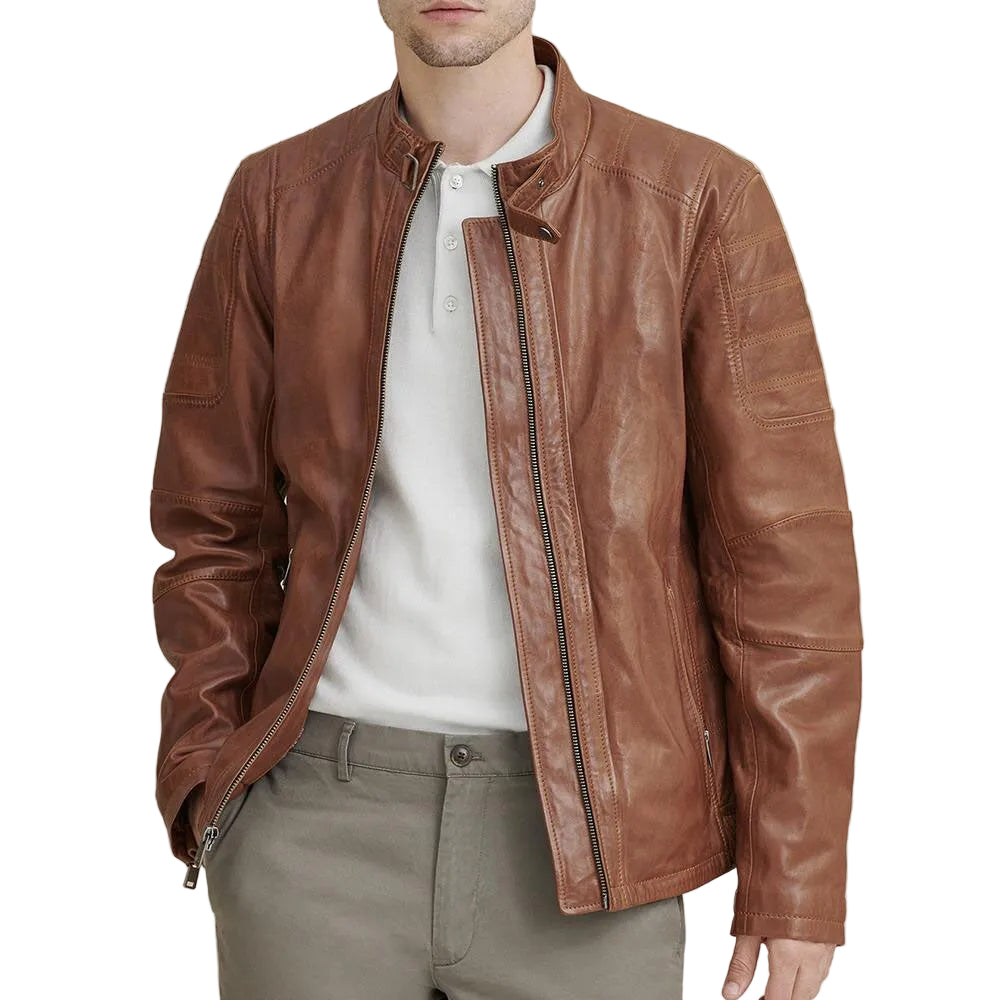 Men’s brown leather moto jacket
