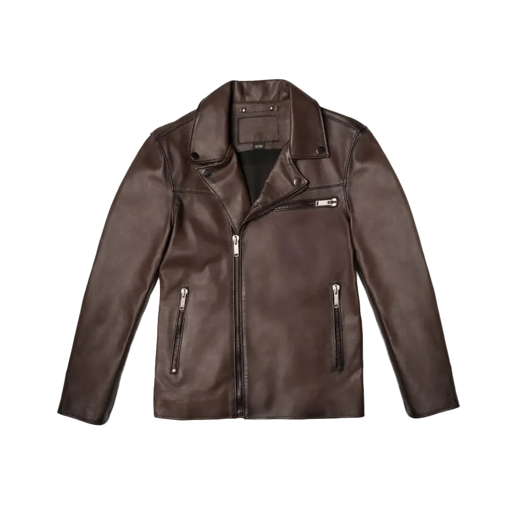 men's brown leather racer jacket leif front view