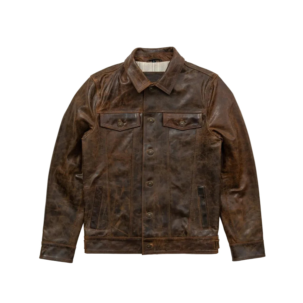 men's brown distressed lambskin leather trucker jacket marlow front view