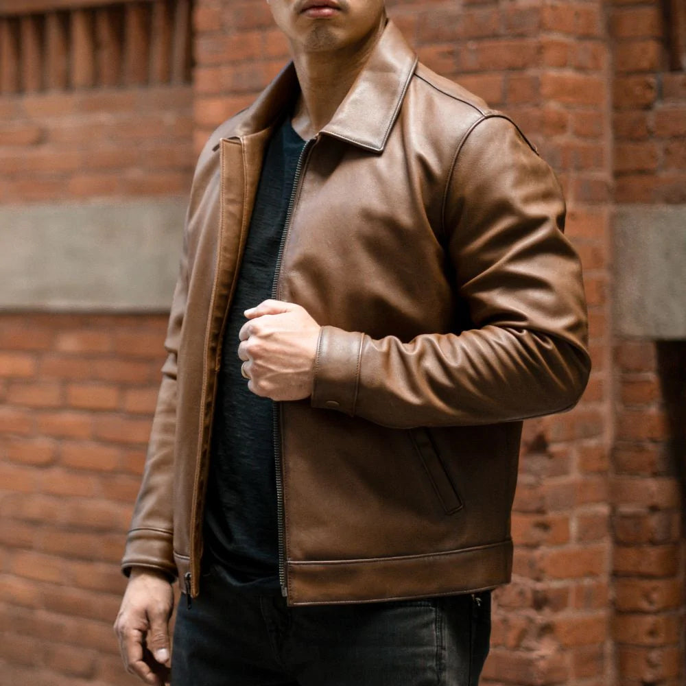men’s brown cowhide leather jacket detail view