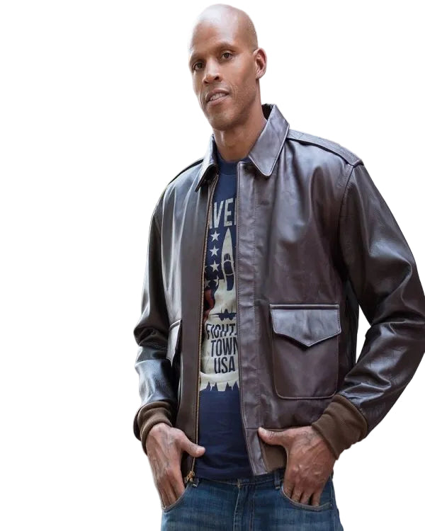 Men’s brown military leather bomber jacket
