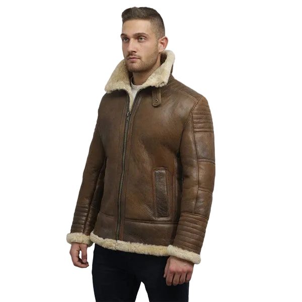 men’s brown sheepskin leather aviator jacket side angle